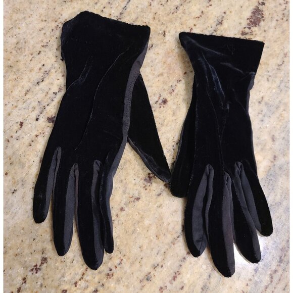 Vintage Size XS-S Black Velvet Stretch Formal 8.5" Gloves *hole - Picture 1 of 13